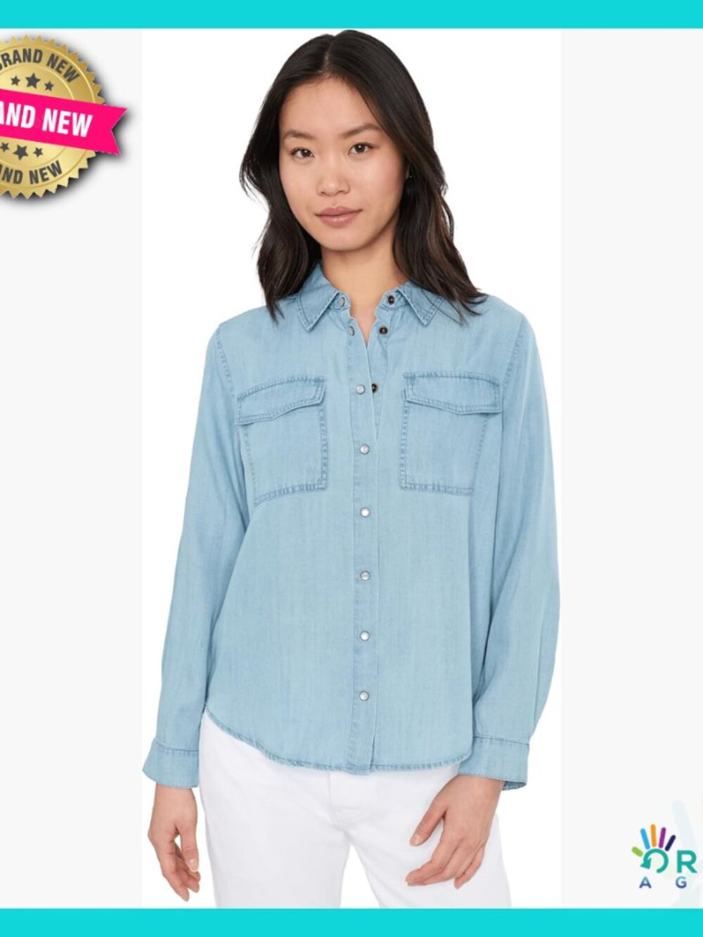 Denim Button Down Shirt Long Sleeve Classic Collared Pockets Versatile